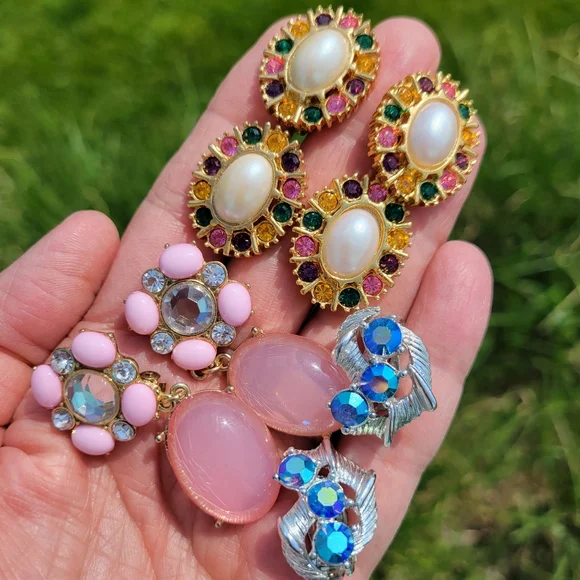 Contemporary Clip-On Earrings ~ 4pr ~ Rhinestones ~ Craft ~ Re-purpose ~ Upcycle - Picture 2 of 16